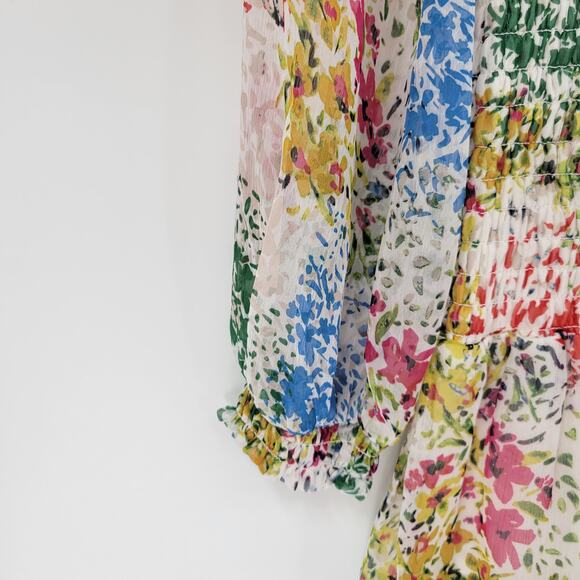 AQUA Womens‎ Dress S Cream Blue Floral Smocked Ruffle Trim Long Sleeve Mini - Picture 5 of 14